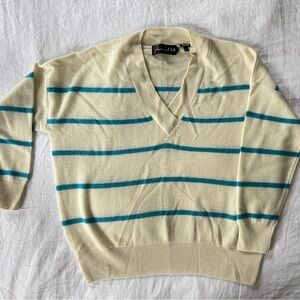 Parrish LA Courtney Striped V-Neck Cashmere Sweater in Snow and Azure